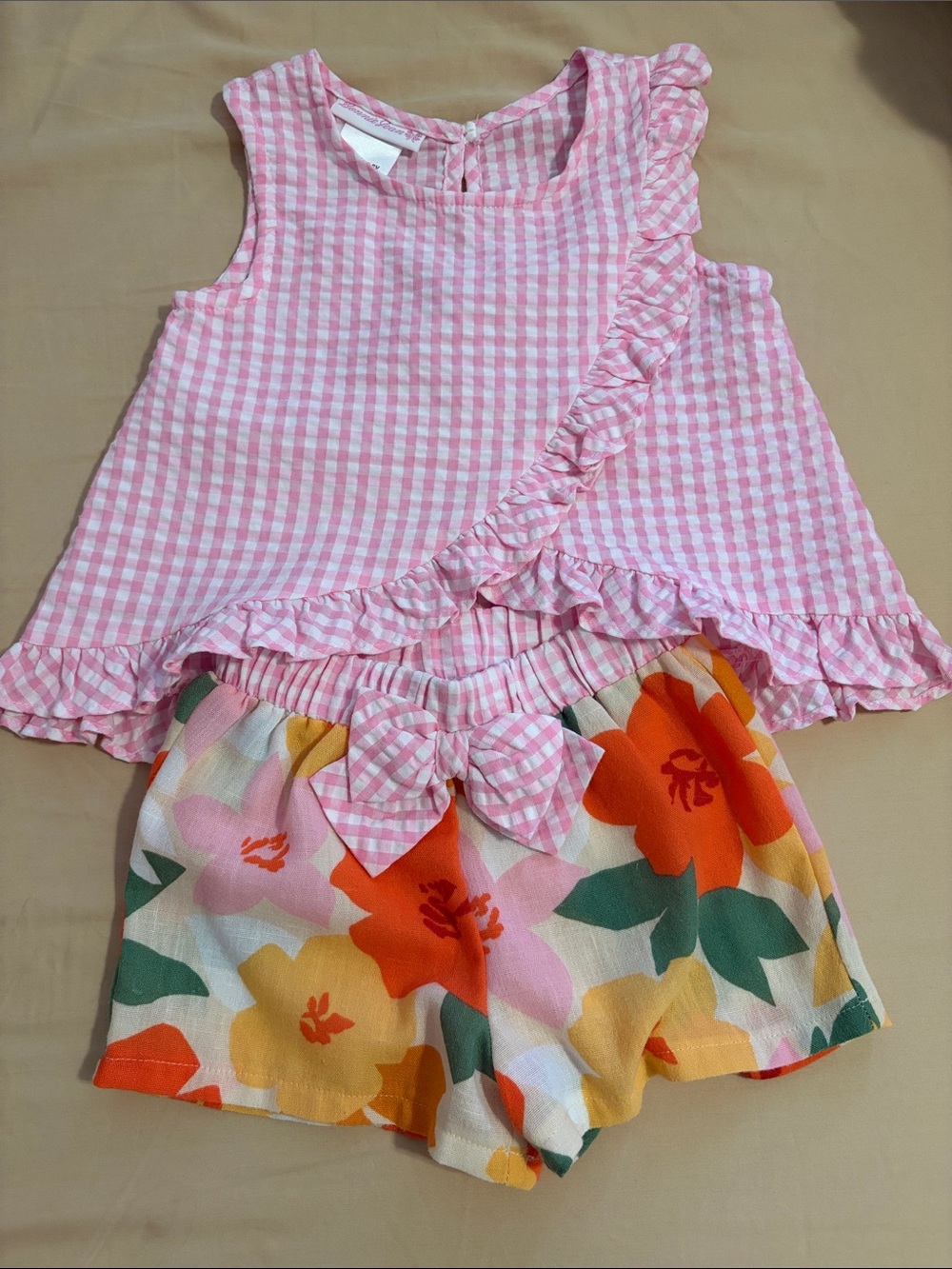 Bonnie Jean Pink Gingham Top with Floral Shorts Set